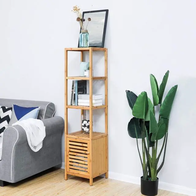 Alt view image 6 of 7 - 4-Tier Bamboo Bathroom Storage Floor Cabinet, Multifunctional Free Standing Corner Shelving Unit, Slim Tower Rack with Slatted Door, Natural