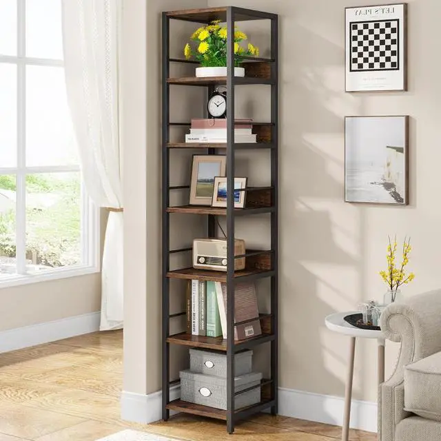 Main image of 6-Tier 75 Inch Tall Narrow Corner Shelf, Rustic Open Etagere Bookshelf, Solid Particleboard & Metal Frame Display Storage Rack for Small Spaces Living Room Bathroom