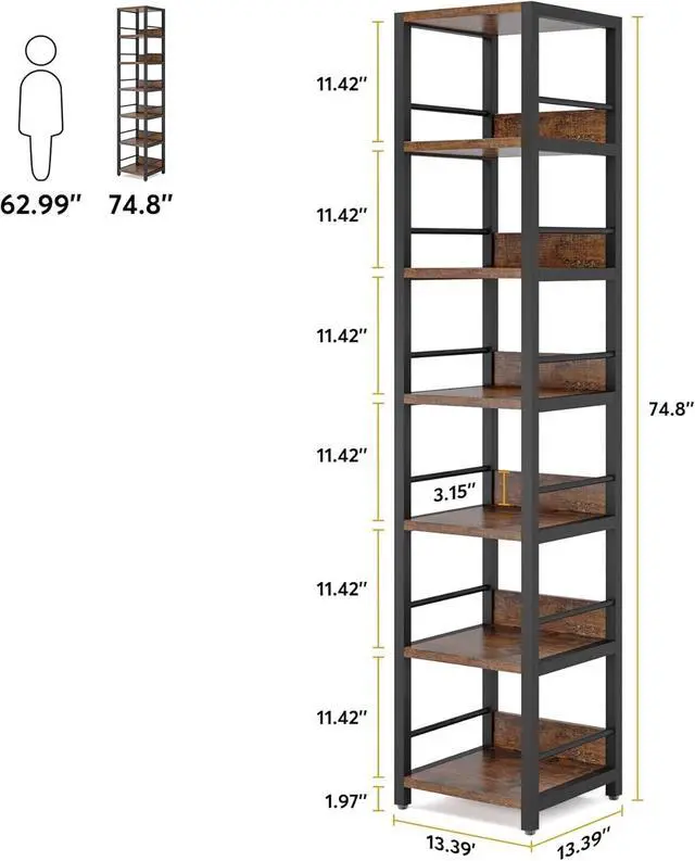 Alt view image 2 of 7 - 6-Tier 75 Inch Tall Narrow Corner Shelf, Rustic Open Etagere Bookshelf, Solid Particleboard & Metal Frame Display Storage Rack for Small Spaces Living Room Bathroom