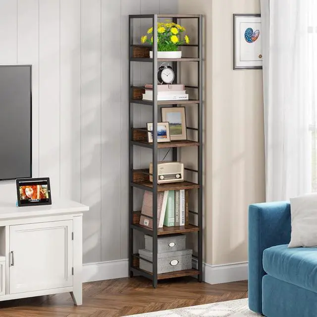 Alt view image 3 of 7 - 6-Tier 75 Inch Tall Narrow Corner Shelf, Rustic Open Etagere Bookshelf, Solid Particleboard & Metal Frame Display Storage Rack for Small Spaces Living Room Bathroom