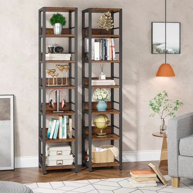 Alt view image 4 of 7 - 6-Tier 75 Inch Tall Narrow Corner Shelf, Rustic Open Etagere Bookshelf, Solid Particleboard & Metal Frame Display Storage Rack for Small Spaces Living Room Bathroom
