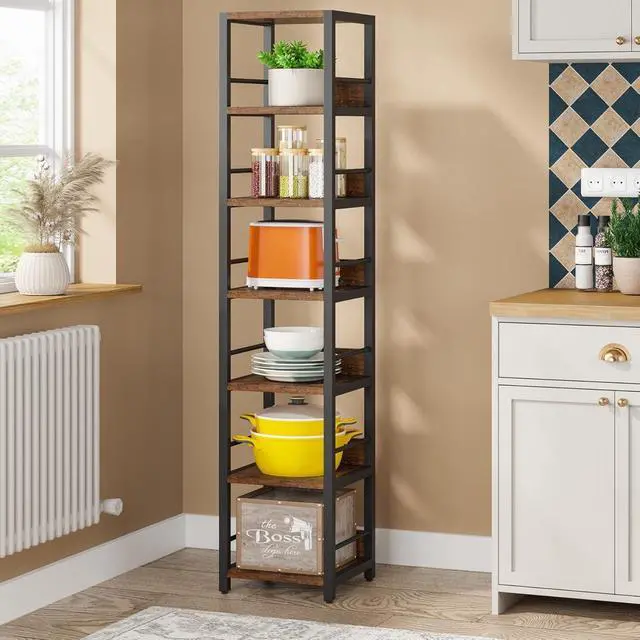 Alt view image 5 of 7 - 6-Tier 75 Inch Tall Narrow Corner Shelf, Rustic Open Etagere Bookshelf, Solid Particleboard & Metal Frame Display Storage Rack for Small Spaces Living Room Bathroom