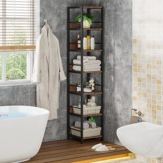 Alt view image 6 of 7 - 6-Tier 75 Inch Tall Narrow Corner Shelf, Rustic Open Etagere Bookshelf, Solid Particleboard & Metal Frame Display Storage Rack for Small Spaces Living Room Bathroom