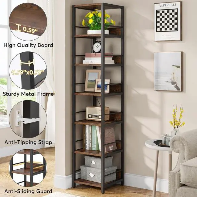 Alt view image 7 of 7 - 6-Tier 75 Inch Tall Narrow Corner Shelf, Rustic Open Etagere Bookshelf, Solid Particleboard & Metal Frame Display Storage Rack for Small Spaces Living Room Bathroom