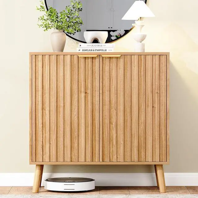 Main image of Natural Fluted Wood Storage Cabinet Buffet Cabinet with Adjustable Shelf Modern Accent Cabinet & Console Table for Entryway Living Room Dining Room