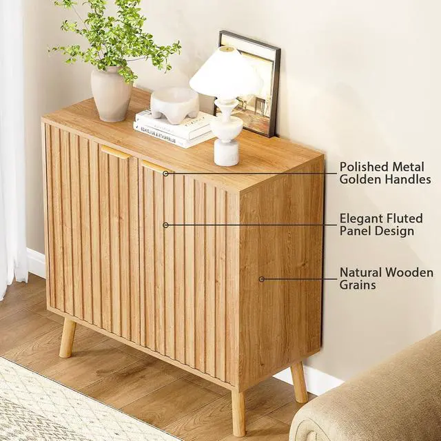 Alt view image 2 of 5 - Natural Fluted Wood Storage Cabinet Buffet Cabinet with Adjustable Shelf Modern Accent Cabinet & Console Table for Entryway Living Room Dining Room