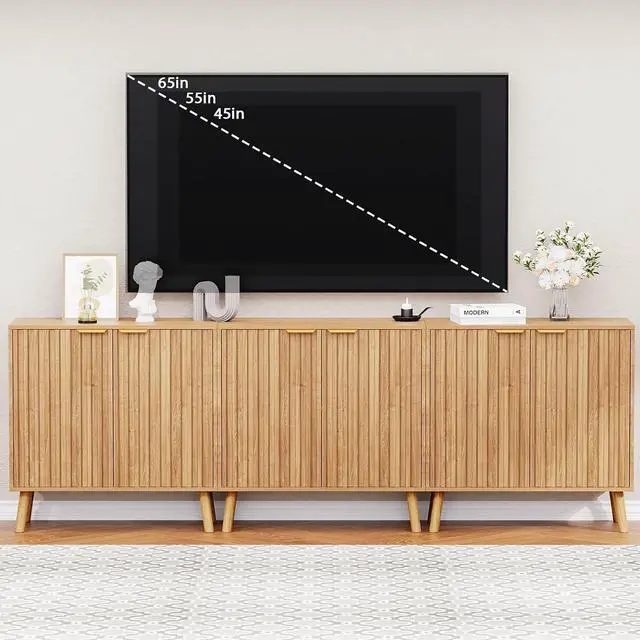 Alt view image 4 of 5 - Natural Fluted Wood Storage Cabinet Buffet Cabinet with Adjustable Shelf Modern Accent Cabinet & Console Table for Entryway Living Room Dining Room