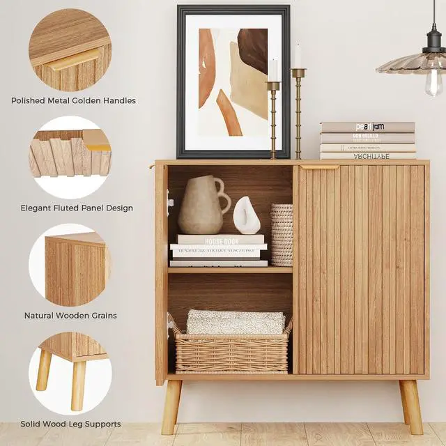Alt view image 3 of 5 - Natural Fluted Wood Storage Cabinet Buffet Cabinet with Adjustable Shelf Modern Accent Cabinet & Console Table for Entryway Living Room Dining Room