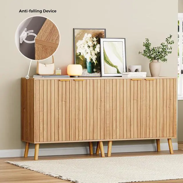 Alt view image 5 of 5 - Natural Fluted Wood Storage Cabinet Buffet Cabinet with Adjustable Shelf Modern Accent Cabinet & Console Table for Entryway Living Room Dining Room