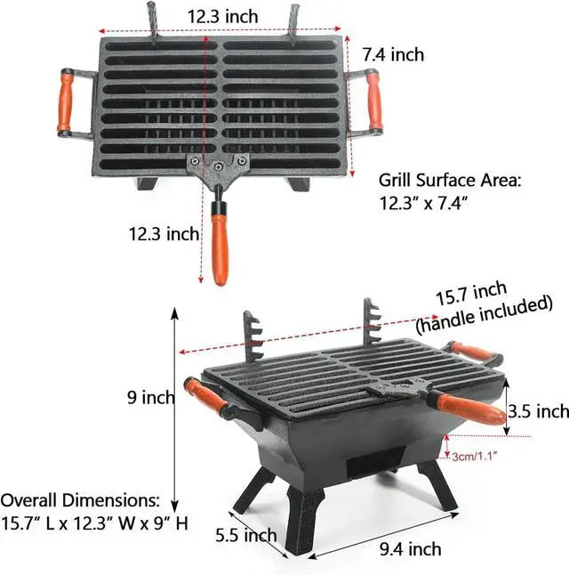 Alt view image 3 of 7 - Compact Cast Iron Tabletop Charcoal Grill with Adjustable Grate and Wooden Handles, Portable Heavy-Duty BBQ Grill for Camping Balcony and Small Spaces