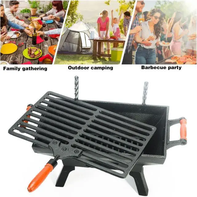 Alt view image 5 of 7 - Compact Cast Iron Tabletop Charcoal Grill with Adjustable Grate and Wooden Handles, Portable Heavy-Duty BBQ Grill for Camping Balcony and Small Spaces