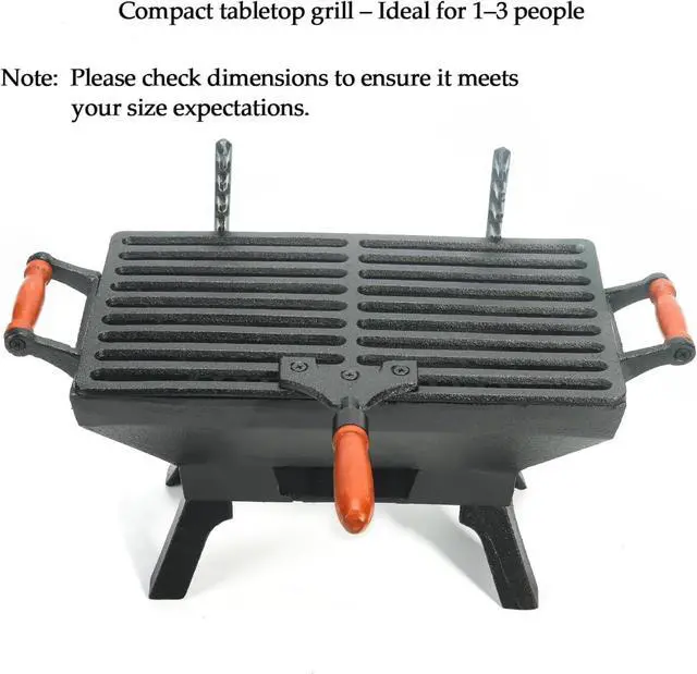 Alt view image 4 of 7 - Compact Cast Iron Tabletop Charcoal Grill with Adjustable Grate and Wooden Handles, Portable Heavy-Duty BBQ Grill for Camping Balcony and Small Spaces