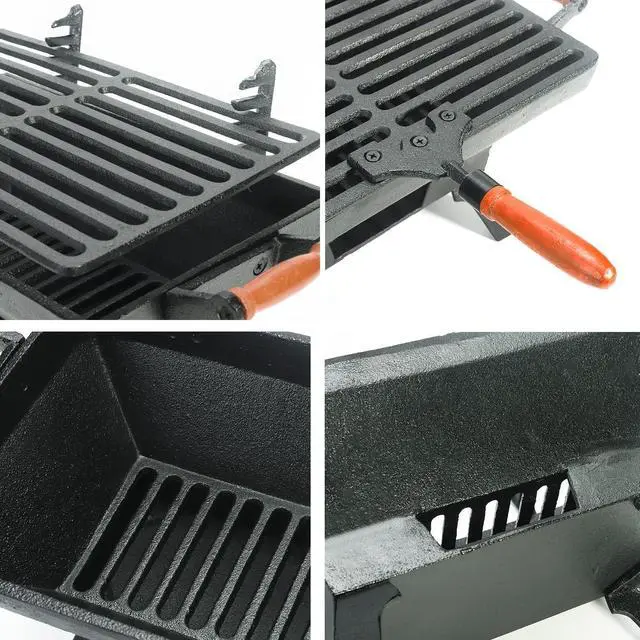 Alt view image 6 of 7 - Compact Cast Iron Tabletop Charcoal Grill with Adjustable Grate and Wooden Handles, Portable Heavy-Duty BBQ Grill for Camping Balcony and Small Spaces