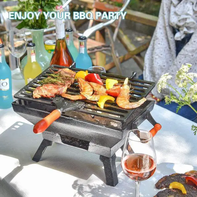 Alt view image 7 of 7 - Compact Cast Iron Tabletop Charcoal Grill with Adjustable Grate and Wooden Handles, Portable Heavy-Duty BBQ Grill for Camping Balcony and Small Spaces
