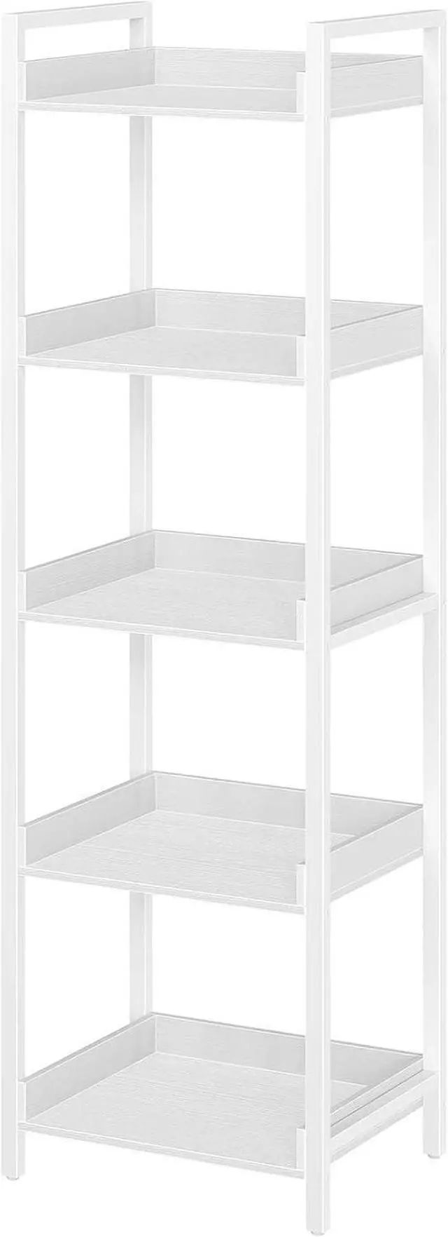 Main image of 5-Tier Narrow Corner Bookshelf, Wooden Display Storage Rack with Metal Frame, Adjustable Foot Pads for Living Room Bathroom Balcony Kitchen White