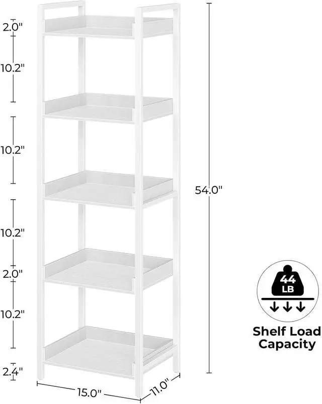 Alt view image 3 of 7 - 5-Tier Narrow Corner Bookshelf, Wooden Display Storage Rack with Metal Frame, Adjustable Foot Pads for Living Room Bathroom Balcony Kitchen White