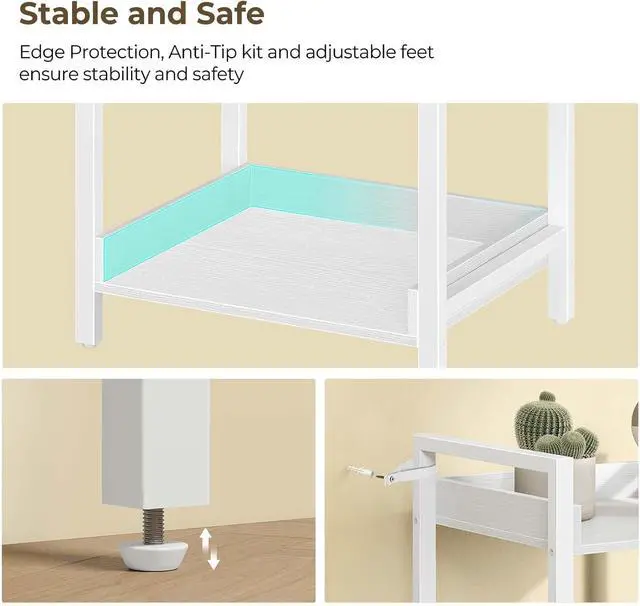 Alt view image 4 of 7 - 5-Tier Narrow Corner Bookshelf, Wooden Display Storage Rack with Metal Frame, Adjustable Foot Pads for Living Room Bathroom Balcony Kitchen White