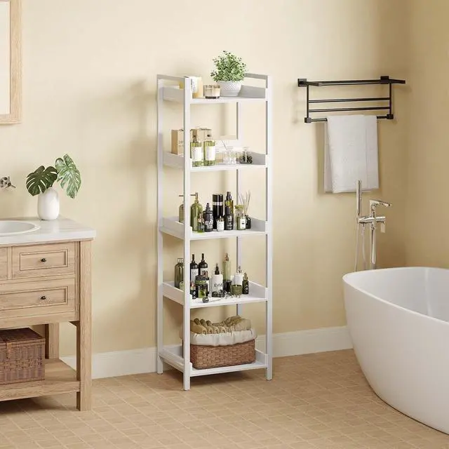 Alt view image 6 of 7 - 5-Tier Narrow Corner Bookshelf, Wooden Display Storage Rack with Metal Frame, Adjustable Foot Pads for Living Room Bathroom Balcony Kitchen White