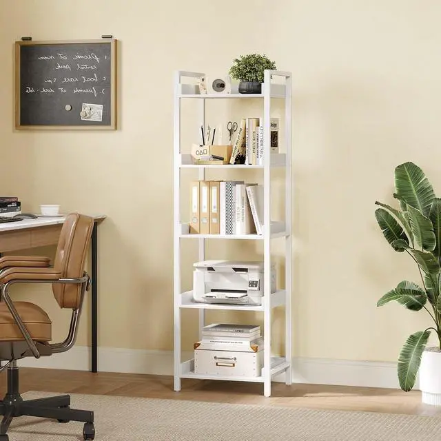 Alt view image 5 of 7 - 5-Tier Narrow Corner Bookshelf, Wooden Display Storage Rack with Metal Frame, Adjustable Foot Pads for Living Room Bathroom Balcony Kitchen White
