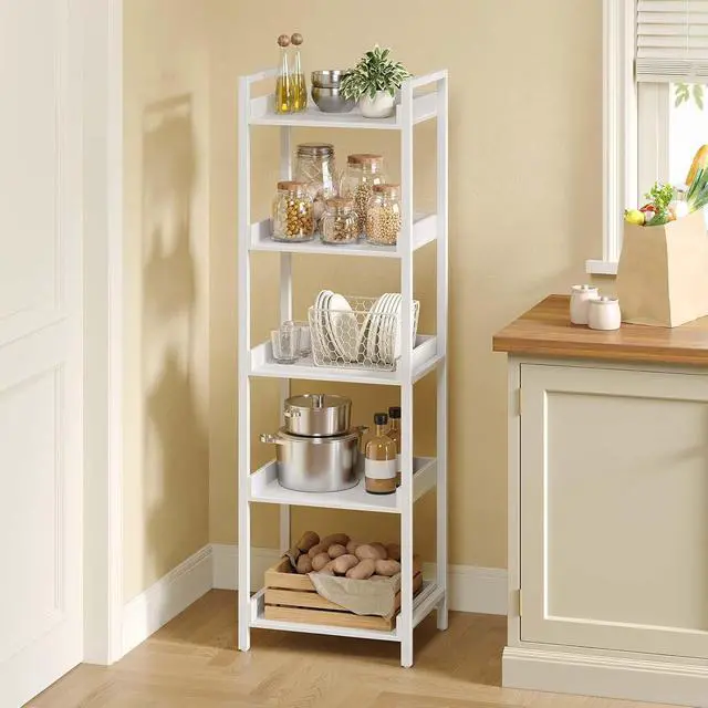 Alt view image 7 of 7 - 5-Tier Narrow Corner Bookshelf, Wooden Display Storage Rack with Metal Frame, Adjustable Foot Pads for Living Room Bathroom Balcony Kitchen White