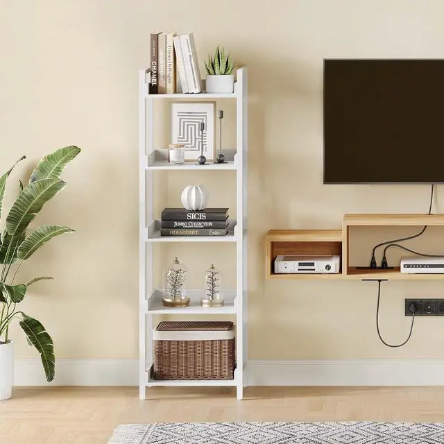 Alt view image 2 of 7 - 5-Tier Narrow Corner Bookshelf, Wooden Display Storage Rack with Metal Frame, Adjustable Foot Pads for Living Room Bathroom Balcony Kitchen White