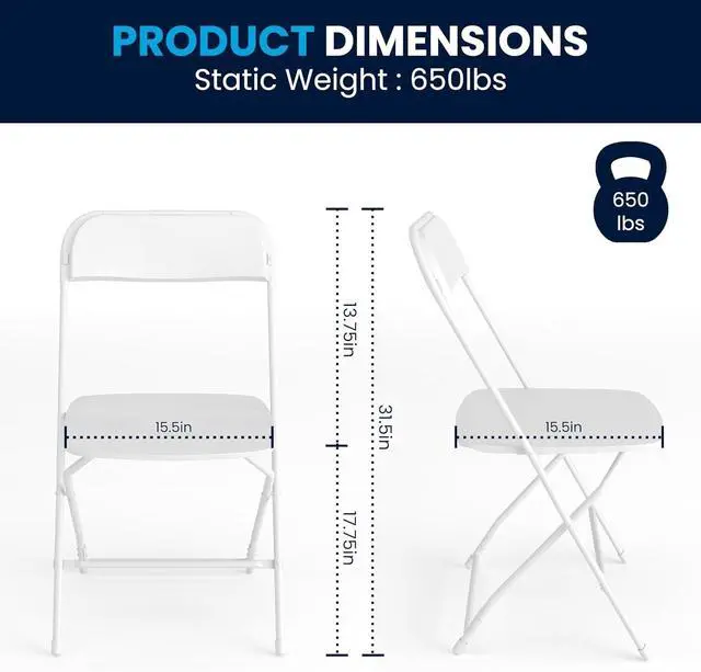 Alt view image 2 of 7 - Plastic Folding Chairs 4 Pack, White Heavy-Duty Event Chairs, 650LB Weight Capacity, Lightweight Stackable for Indoor Outdoor Use