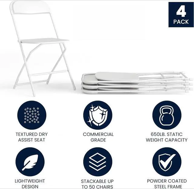 Alt view image 3 of 7 - Plastic Folding Chairs 4 Pack, White Heavy-Duty Event Chairs, 650LB Weight Capacity, Lightweight Stackable for Indoor Outdoor Use
