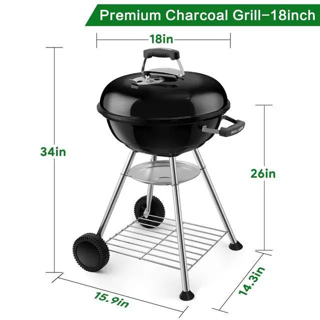 Alt view image 2 of 6 - 18 Inch Portable Charcoal Kettle Grill with Wheels and Insulated Handles, Heavy Duty Round BBQ Grill for Outdoor Cooking Camping Tailgating