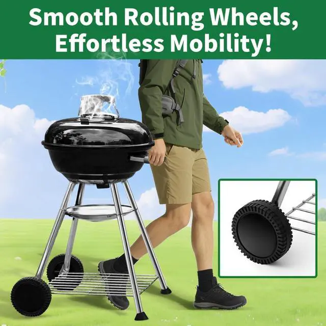 Alt view image 3 of 6 - 18 Inch Portable Charcoal Kettle Grill with Wheels and Insulated Handles, Heavy Duty Round BBQ Grill for Outdoor Cooking Camping Tailgating
