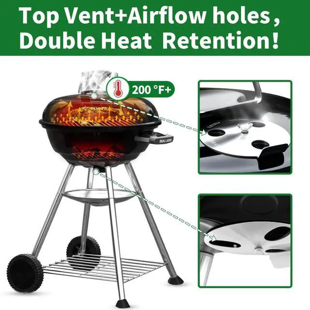 Alt view image 4 of 6 - 18 Inch Portable Charcoal Kettle Grill with Wheels and Insulated Handles, Heavy Duty Round BBQ Grill for Outdoor Cooking Camping Tailgating