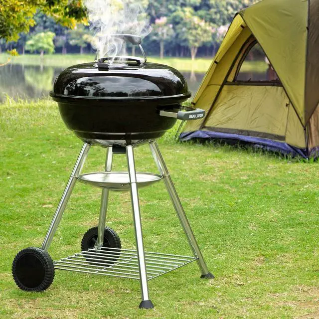 Alt view image 6 of 6 - 18 Inch Portable Charcoal Kettle Grill with Wheels and Insulated Handles, Heavy Duty Round BBQ Grill for Outdoor Cooking Camping Tailgating