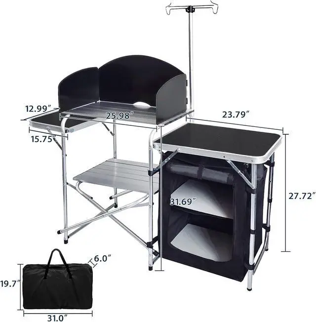 Alt view image 3 of 7 - Black Foldable Aluminum Outdoor Camping Cooking Station With ThreeSided Windscreen Side Shelves and Fabric Storage Cabinet For Picnic BBQ RV Outdoor Cooking