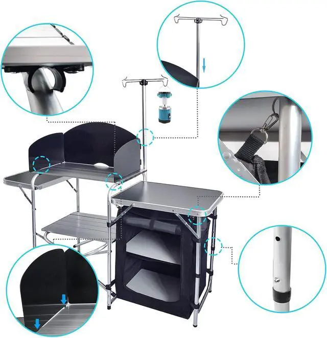 Alt view image 4 of 7 - Black Foldable Aluminum Outdoor Camping Cooking Station With ThreeSided Windscreen Side Shelves and Fabric Storage Cabinet For Picnic BBQ RV Outdoor Cooking