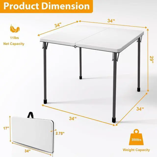 Alt view image 3 of 7 - 34 Inch Square Folding Card Table, Portable Plastic Utility Table with Collapsible Legs and Carrying Handle, No Assembly Foldable Table for Camping Picnic Party Office Indoor Outdoor Use, White