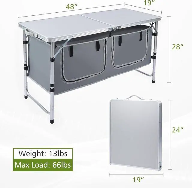 Alt view image 3 of 7 - 3 Height Adjustable Folding Camping Table, Waterproof Lightweight Aluminum Utility Table with Detachable Oxford Storage Pockets, Foldable Portable Outdoor Table for Picnic, Beach and Indoor Use