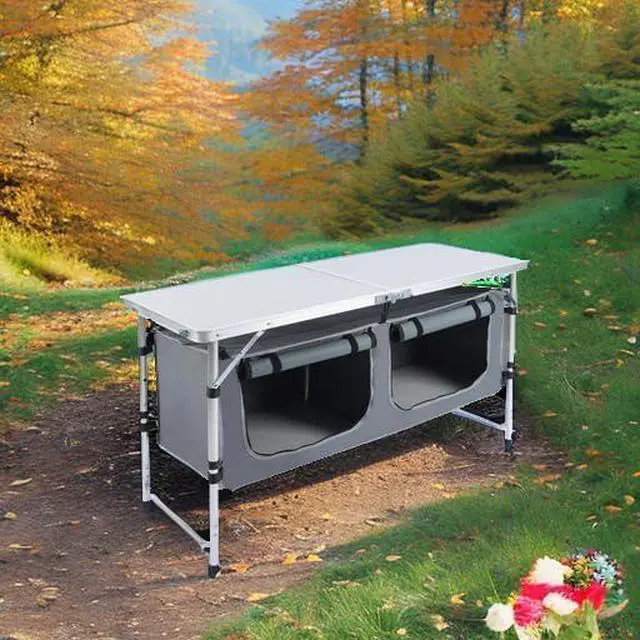 Alt view image 5 of 7 - 3 Height Adjustable Folding Camping Table, Waterproof Lightweight Aluminum Utility Table with Detachable Oxford Storage Pockets, Foldable Portable Outdoor Table for Picnic, Beach and Indoor Use