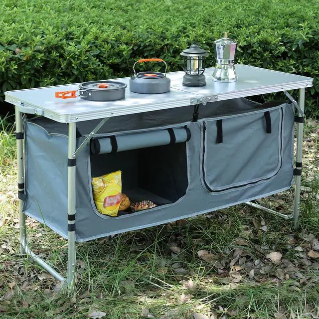 Alt view image 2 of 7 - 3 Height Adjustable Folding Camping Table, Waterproof Lightweight Aluminum Utility Table with Detachable Oxford Storage Pockets, Foldable Portable Outdoor Table for Picnic, Beach and Indoor Use
