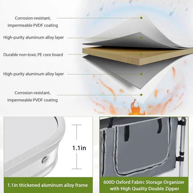 Alt view image 6 of 7 - 3 Height Adjustable Folding Camping Table, Waterproof Lightweight Aluminum Utility Table with Detachable Oxford Storage Pockets, Foldable Portable Outdoor Table for Picnic, Beach and Indoor Use