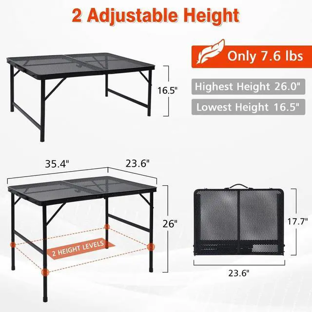 Alt view image 2 of 7 - Folding Grill Table 3x2 FT Portable Camping Table, Height Adjustable Metal Table with Mesh Desktop and Storage Bag for Outdoor Picnic Beach BBQ