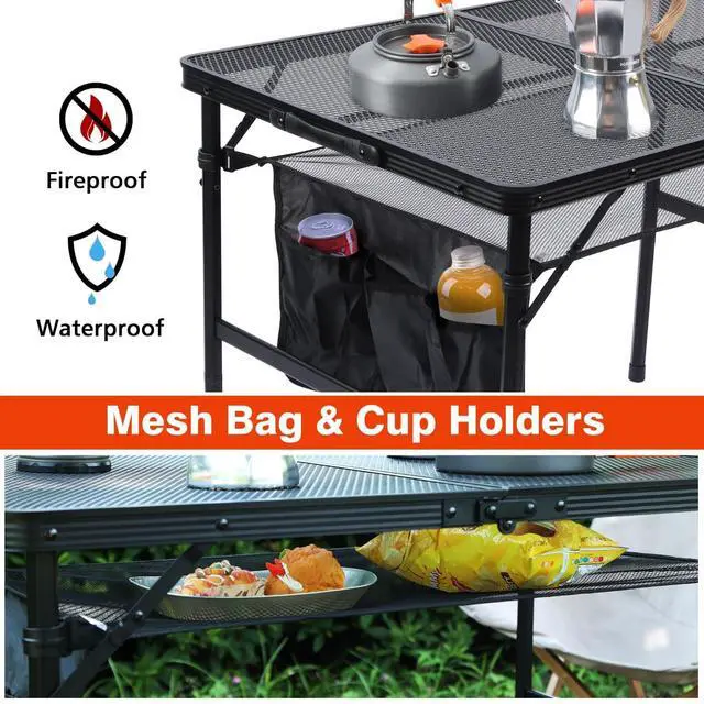 Alt view image 3 of 7 - Folding Grill Table 3x2 FT Portable Camping Table, Height Adjustable Metal Table with Mesh Desktop and Storage Bag for Outdoor Picnic Beach BBQ