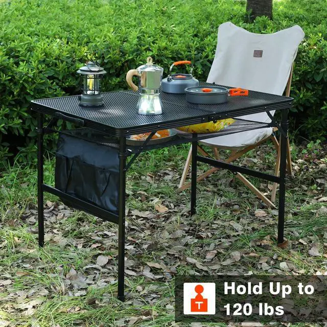 Alt view image 7 of 7 - Folding Grill Table 3x2 FT Portable Camping Table, Height Adjustable Metal Table with Mesh Desktop and Storage Bag for Outdoor Picnic Beach BBQ