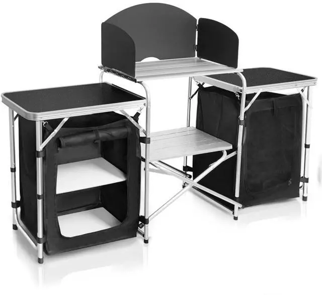 Main image of Folding Camping Kitchen Table with 3-Sided Windscreen, Portable Outdoor Cooking Station with Storage Cabinet and Side Tables for Camping BBQ Picnic RV Use
