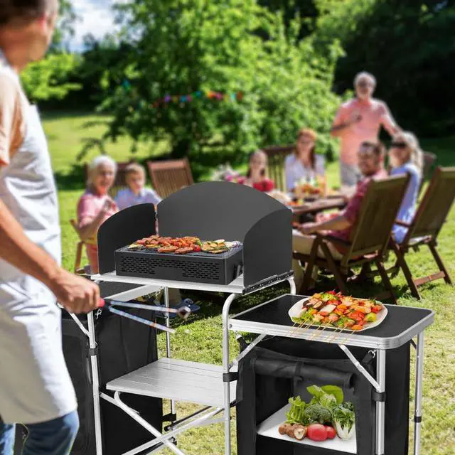 Alt view image 2 of 6 - Folding Camping Kitchen Table with 3-Sided Windscreen, Portable Outdoor Cooking Station with Storage Cabinet and Side Tables for Camping BBQ Picnic RV Use