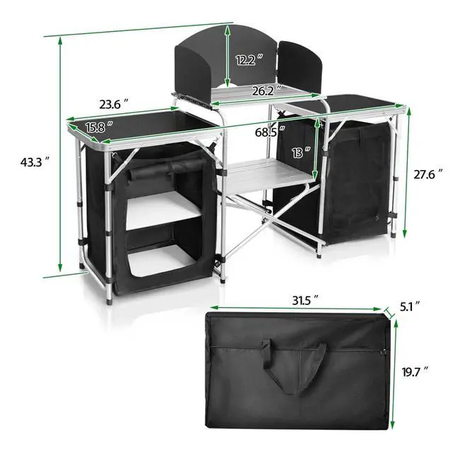 Alt view image 3 of 6 - Folding Camping Kitchen Table with 3-Sided Windscreen, Portable Outdoor Cooking Station with Storage Cabinet and Side Tables for Camping BBQ Picnic RV Use