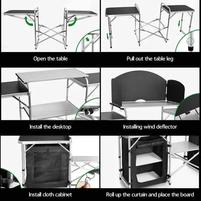 Alt view image 4 of 6 - Folding Camping Kitchen Table with 3-Sided Windscreen, Portable Outdoor Cooking Station with Storage Cabinet and Side Tables for Camping BBQ Picnic RV Use