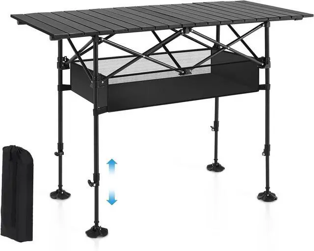 Main image of Folding Camping Table with Adjustable Height, Portable Roll-Up Aluminum Table with Storage Basket and Carry Bag for Outdoor Picnic BBQ Beach Backyard