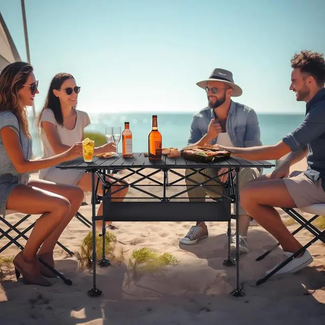 Alt view image 2 of 7 - Folding Camping Table with Adjustable Height, Portable Roll-Up Aluminum Table with Storage Basket and Carry Bag for Outdoor Picnic BBQ Beach Backyard
