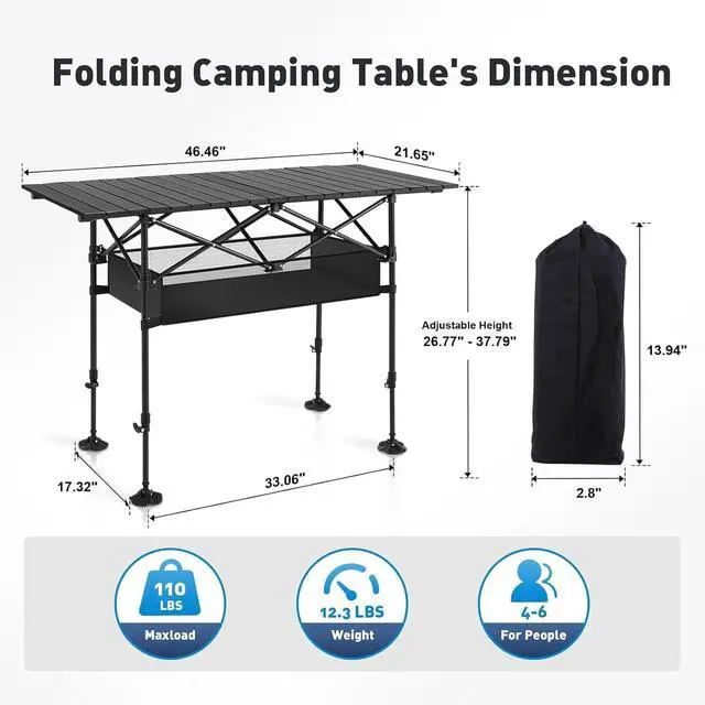 Alt view image 3 of 7 - Folding Camping Table with Adjustable Height, Portable Roll-Up Aluminum Table with Storage Basket and Carry Bag for Outdoor Picnic BBQ Beach Backyard