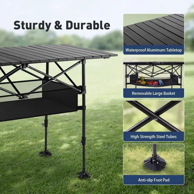 Alt view image 4 of 7 - Folding Camping Table with Adjustable Height, Portable Roll-Up Aluminum Table with Storage Basket and Carry Bag for Outdoor Picnic BBQ Beach Backyard