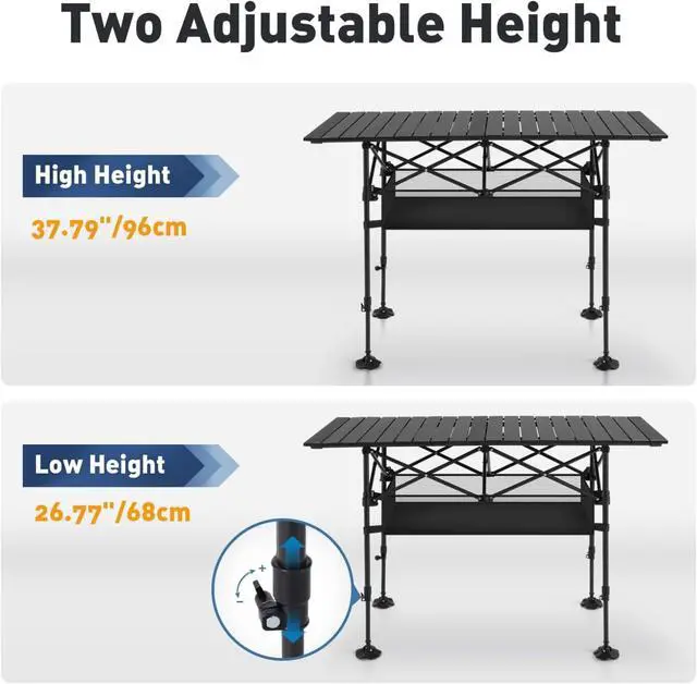 Alt view image 5 of 7 - Folding Camping Table with Adjustable Height, Portable Roll-Up Aluminum Table with Storage Basket and Carry Bag for Outdoor Picnic BBQ Beach Backyard
